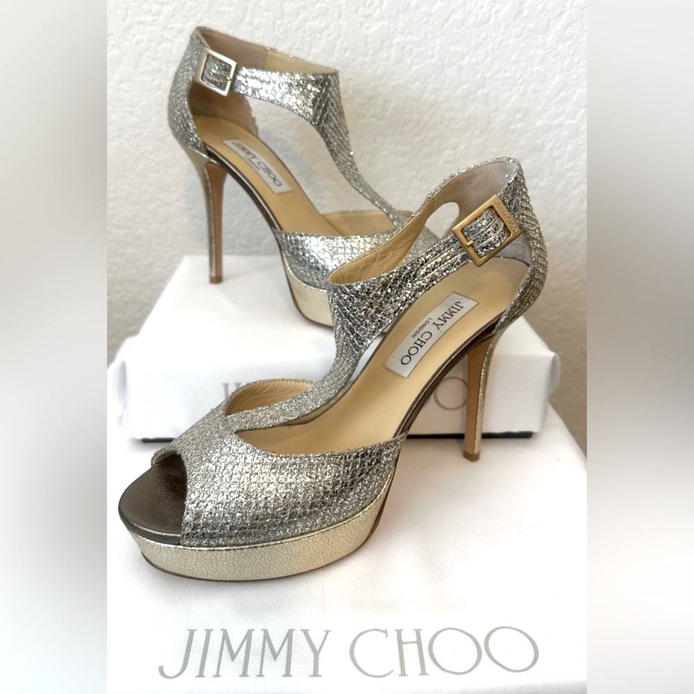 Jimmy Choo Tribe Metalic Gold Glitter Fabric Strappy Platform, Size 38